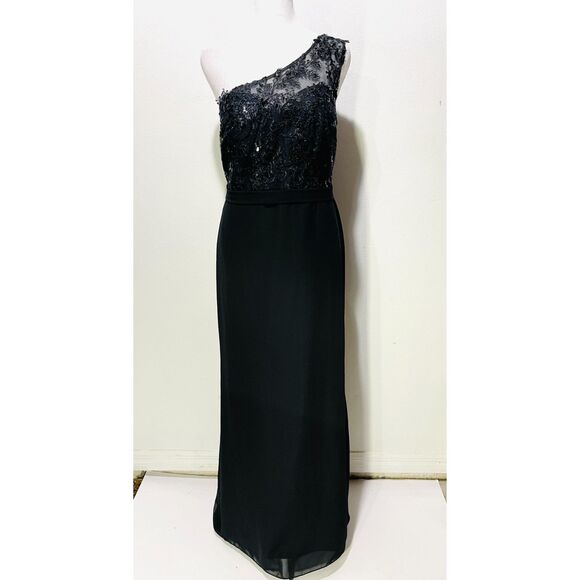 JJ's House evening dress lace one shoulder black festive formal wedding women M - Picture 2 of 8
